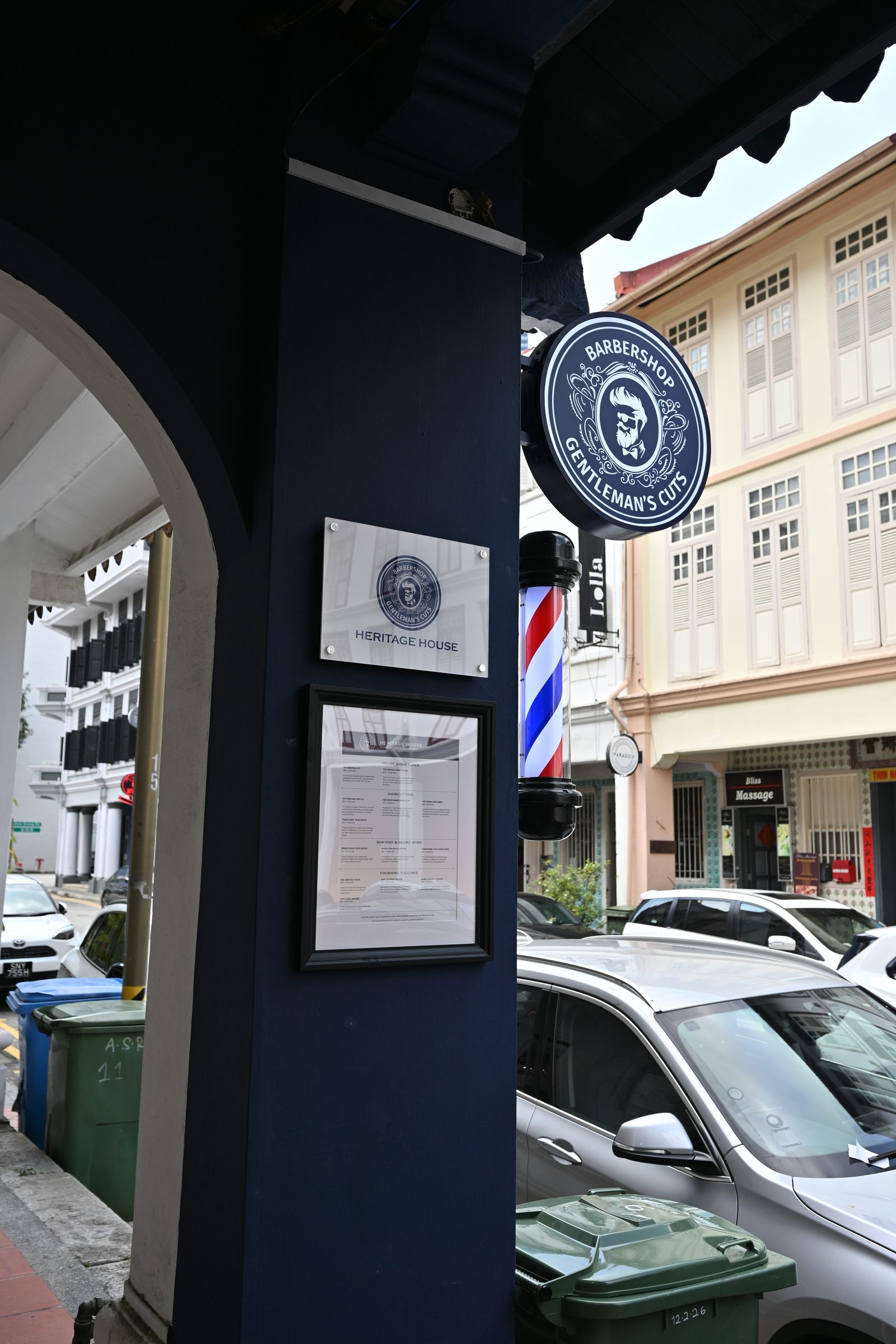 The Heritage House entrance and barber pole on Ann Siang Road